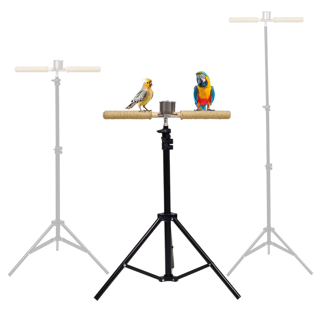 Bird Perch Stand with Tripod Base, Adjustable Height, Portable & Sisal Rope Perches, 144 cm Bird Training Stand with Stainless Steel Feeding Cup for Parrot, Macaw & other Medium to Large Birds (Black)