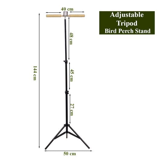 Bird Perch Stand with Tripod Base, Adjustable Height, Portable & Sisal Rope Perches, 144 cm Bird Training Stand with Stainless Steel Feeding Cup for Parrot, Macaw & other Medium to Large Birds (Black)