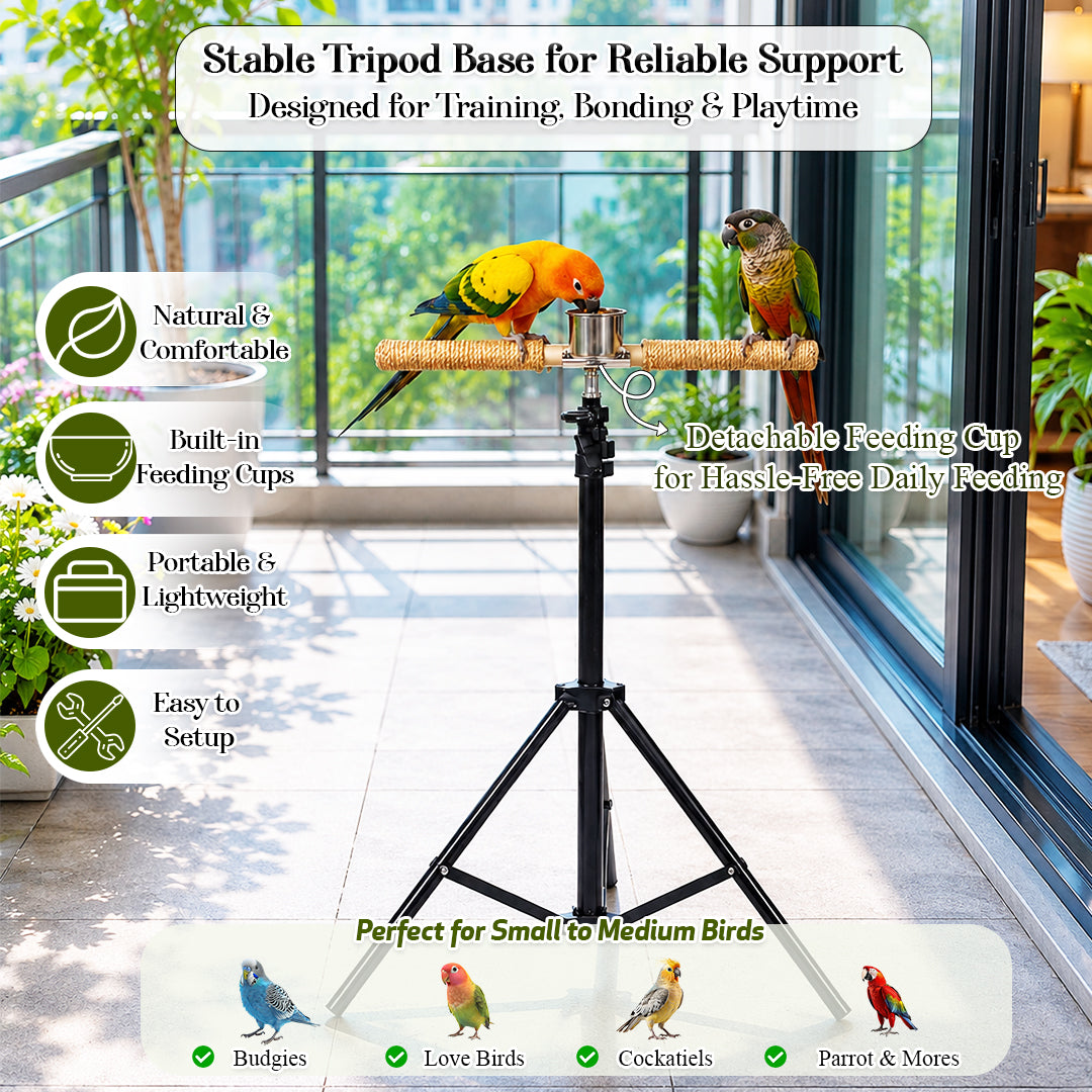 Bird Perch Stand with Tripod Base, Adjustable Height, Portable & Sisal Rope Perches, 144 cm Bird Training Stand with Stainless Steel Feeding Cup for Parrot, Macaw & other Medium to Large Birds (Black)