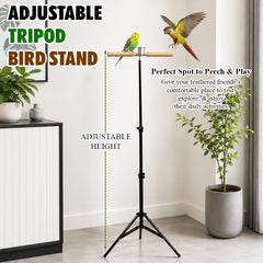 Bird Perch Stand with Tripod Base, Adjustable Height, Portable & Sisal Rope Perches, 144 cm Bird Training Stand with Stainless Steel Feeding Cup for Parrot, Macaw & other Medium to Large Birds (Black)