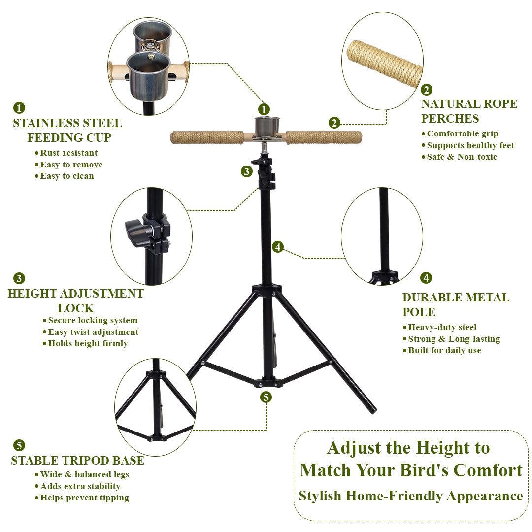 Bird Perch Stand with Tripod Base, Adjustable Height, Portable & Sisal Rope Perches, 144 cm Bird Training Stand with Stainless Steel Feeding Cup for Parrot, Macaw & other Medium to Large Birds (Black)