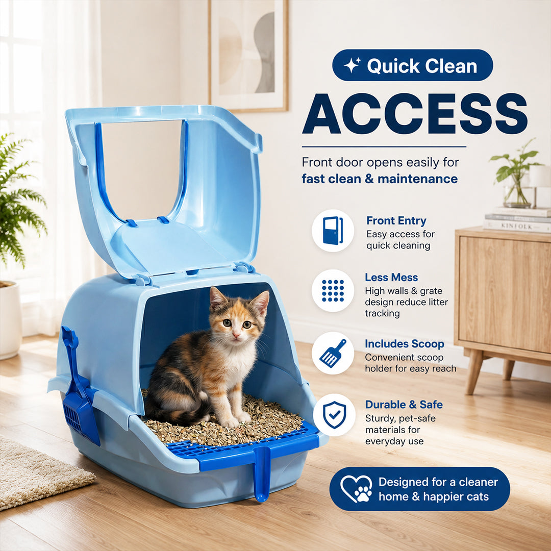 Cat litter box with Durable Plastic, Easy Handle, and Top Opening Lid, 54 cm Litter Tray for Indoor Cats, Odor Control, Easy to clean and Portable, Scoop Included, Anti-Tracking Grid