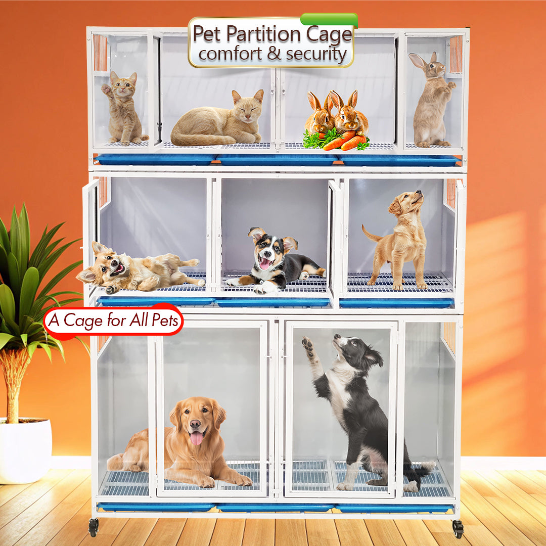 Pet Partition Cage with Wheels, Multi-Compartment Stackable Pet Kennel for Dogs, Cats & Rabbits, Heavy Duty Modular Pet Boarding Cage, Indoor Pet Enclosure, Veterinary Recovery Cage, Pet Isolation Housing System.