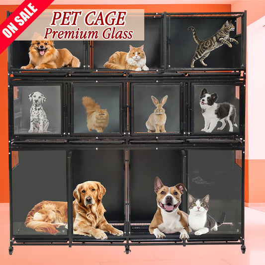 9-Zone Modular Partition Pet Cage with Wheels, Multi-Layer Heavy Duty Dog Kennel System, Stackable Pet Boarding Enclosure for Groomers, Shelters & Breeders, Lockable Doors, Indoor Pet Housing