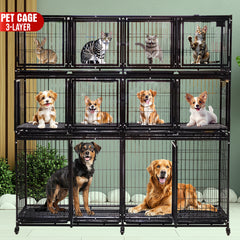 3-Layer Pet Cage with Wheels, Multi-Compartment Stackable Pet Kennel for Cats, Dogs, Rabbits and Small Animals, Heavy Duty Metal Pet Enclosure, Indoor Boarding Cage, Pet Housing System, Secure Locking Doors, Easy Clean Design