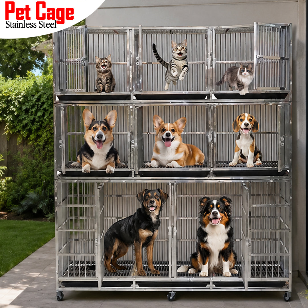 Large Stainless Steel Pet Cage with Wheels, 3 Tier Multi Compartment Dog and Cat Kennel, Heavy Duty Stackable Pet Crate for Puppies, Kittens and Small Animals, Indoor Breeding Cage with Removable Trays and Lockable Doors