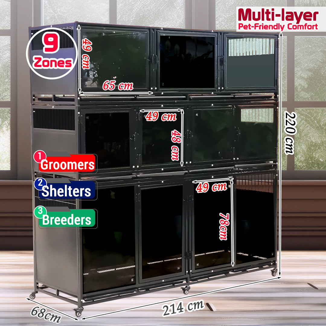 9-Zone Modular Partition Pet Cage with Wheels, Multi-Layer Heavy Duty Dog Kennel System, Stackable Pet Boarding Enclosure for Groomers, Shelters & Breeders, Lockable Doors, Indoor Pet Housing