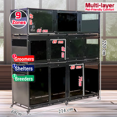 9-Zone Modular Partition Pet Cage with Wheels, Multi-Layer Heavy Duty Dog Kennel System, Stackable Pet Boarding Enclosure for Groomers, Shelters & Breeders, Lockable Doors, Indoor Pet Housing