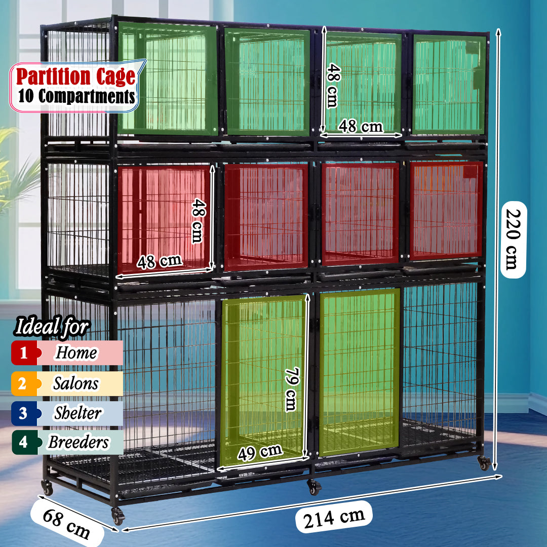 3-Layer Pet Cage with Wheels, Multi-Compartment Stackable Pet Kennel for Cats, Dogs, Rabbits and Small Animals, Heavy Duty Metal Pet Enclosure, Indoor Boarding Cage, Pet Housing System, Secure Locking Doors, Easy Clean Design