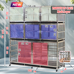 Large Stainless Steel Pet Cage with Wheels, 3 Tier Multi Compartment Dog and Cat Kennel, Heavy Duty Stackable Pet Crate for Puppies, Kittens and Small Animals, Indoor Breeding Cage with Removable Trays and Lockable Doors
