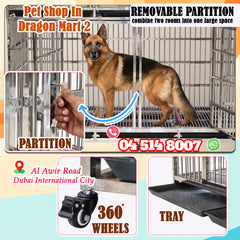 Large Stainless Steel Pet Cage with Wheels, 3 Tier Multi Compartment Dog and Cat Kennel, Heavy Duty Stackable Pet Crate for Puppies, Kittens and Small Animals, Indoor Breeding Cage with Removable Trays and Lockable Doors