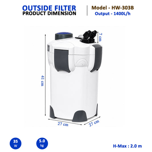 External Aquarium Filter, Outside Canister Filter for Fish Tanks, 1400L/h Flow Rate, 2.0m Max Head, 3-Stage Mechanical, HW-303B Filter with Biological and Chemical Filtration, Ultra-Quiet Operation, Easy Maintenance