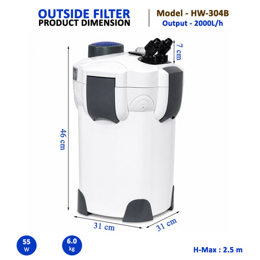 External Aquarium Filter, Outside Canister Filter for Fish Tanks, 2000L/h Flow Rate, HW-304B with 2.5m Max Head, 4-Stage Mechanical, Biological and Chemical Filtration, Ultra-Quiet Operation, Easy Maintenance
