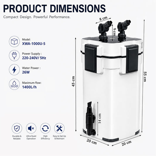External Canister Filter with 9W UV Sterilizer, Aquarium Filter for Freshwater and Saltwater Tanks | 1400L/h Flow Rate, Multi-Layer Filtration, Adjustable Flow, Touch Switch & Timer, Quiet Operation