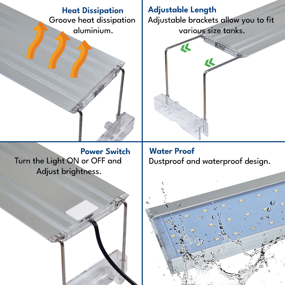 LED Aquarium Light for Fish Tanks, White LED Aquarium Lighting with Adjustable Extendable Brackets for Freshwater Aquariums, 4 Size Options