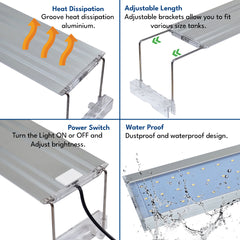 LED Aquarium Light for Fish Tanks, White LED Aquarium Lighting with Adjustable Extendable Brackets for Freshwater Aquariums, 4 Size Options