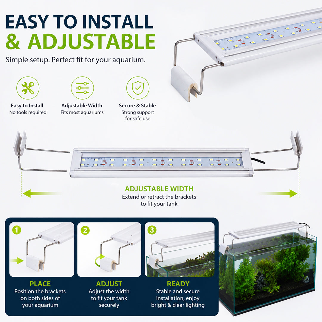 Ultra Thin LED Aquarium Light, XML-30 Fish Tank Light with High Brightness and Wide Light Coverage, Adjustable Width, Easy to Install, Energy Efficient Lighting for Freshwater and Planted Aquariums