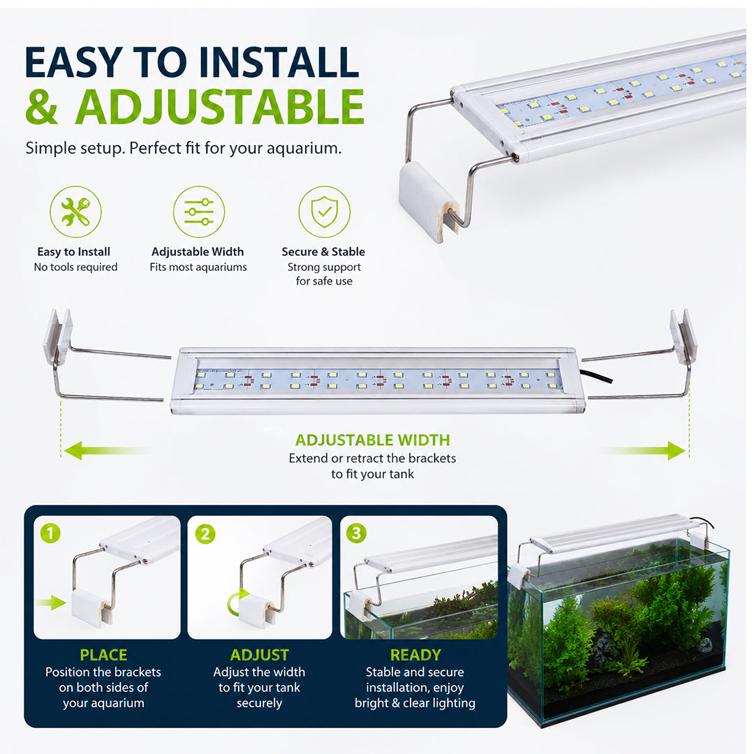 Ultra Thin LED Aquarium Light, XML-50 Fish Tank Light with High Brightness and Wide Light Coverage, Adjustable Width, Easy to Install, Energy Efficient Lighting for Freshwater and Planted Aquariums