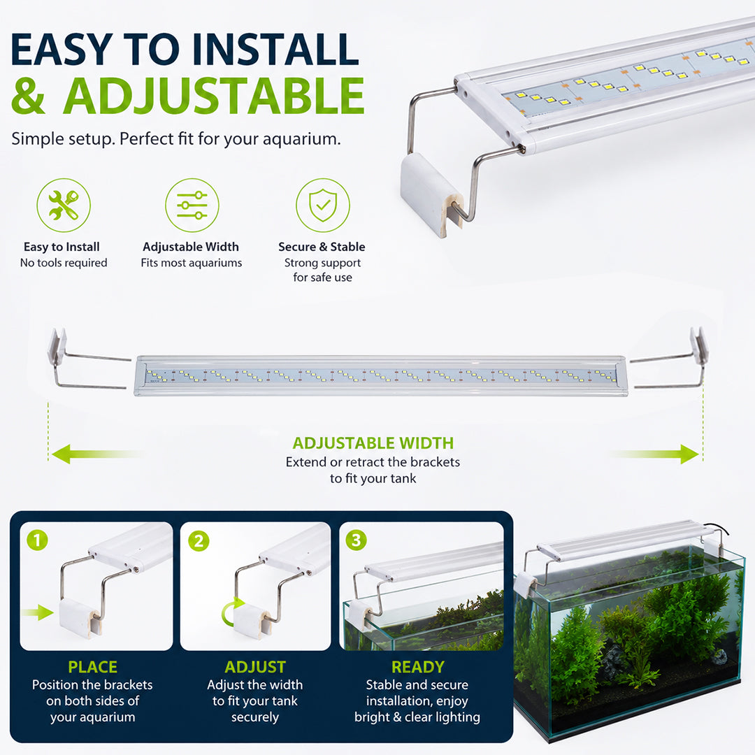 Ultra Thin LED Aquarium Light, XML-80 Fish Tank Light with High Brightness and Wide Light Coverage, Adjustable Width, Easy to Install, Energy Efficient Lighting for Freshwater and Planted Aquariums