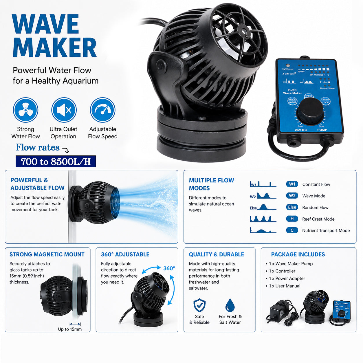 Wave Maker for Aquarium, Adjustable Water Flow Pump for Fish Tanks, 700-8500L/H Flow Rate, Multiple Flow Modes, 360° Adjustable Direction, Strong Magnetic Mount, Quiet Water Circulation Pump
