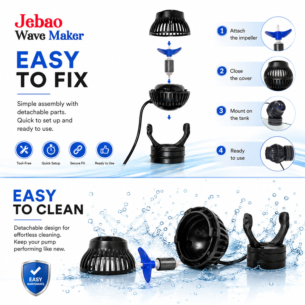 Wave Maker for Aquarium, Adjustable Water Flow Pump for Fish Tanks, 1200-15000L/H Flow Rate, Multiple Flow Modes, 360° Adjustable Direction, Strong Magnetic Mount, Quiet Water Circulation Pump