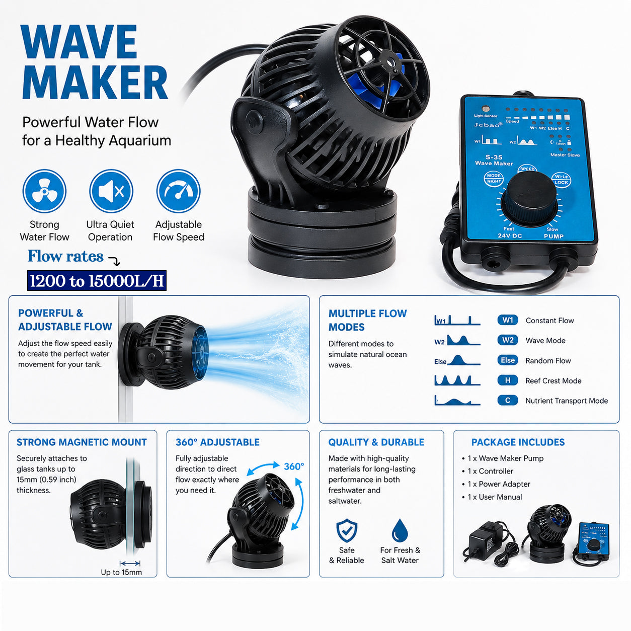 Wave Maker for Aquarium, Adjustable Water Flow Pump for Fish Tanks, 1200-15000L/H Flow Rate, Multiple Flow Modes, 360° Adjustable Direction, Strong Magnetic Mount, Quiet Water Circulation Pump