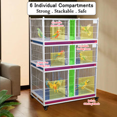 6-Compartment Bird Cage with Wheels, Stackable Breeding Cage for Parakeets, Lovebirds, Finches, Canaries and Small Birds, Heavy Duty Metal Bird Aviary, Individual Bird Housing with Feeding Doors, Slide-Out Trays and Lockable Access Doors