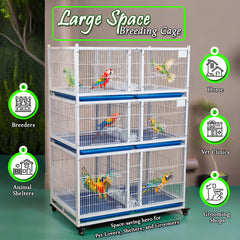 6-Compartment Bird Cage with Wheels, Stackable Breeding Cage for Parakeets, Lovebirds, Finches, Canaries and Small Birds, Heavy Duty Metal Bird Aviary, Individual Bird Housing with Feeding Doors, Slide-Out Trays and Lockable Access Doors