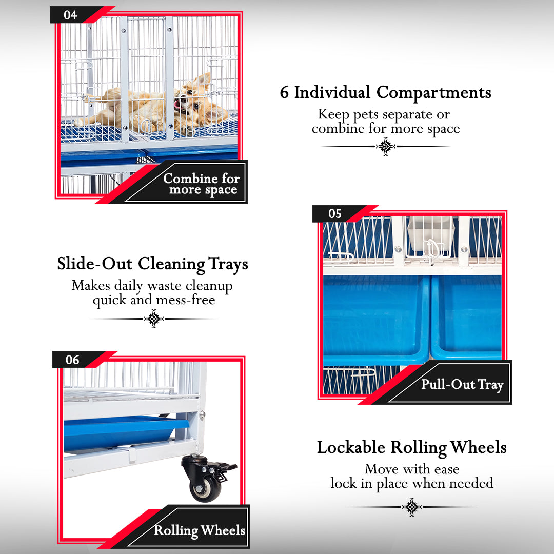 6-Compartment Bird Cage with Wheels, Stackable Breeding Cage for Parakeets, Lovebirds, Finches, Canaries and Small Birds, Heavy Duty Metal Bird Aviary, Individual Bird Housing with Feeding Doors, Slide-Out Trays and Lockable Access Doors