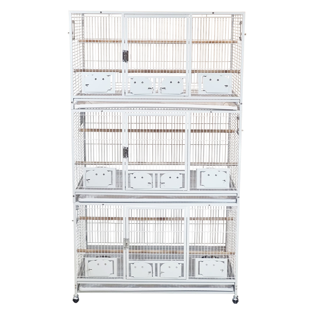 Large 3 Tier Bird Breeding Cage with Wheels, Heavy Duty Metal Parrot Cage for Macaws, Cockatiels, Lovebirds, Finches and Small Birds, Stackable Aviary with Breeding Boxes, Lockable Doors, Indoor Outdoor Bird Habitat