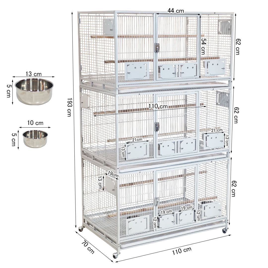 Large 3 Tier Bird Breeding Cage with Wheels, Heavy Duty Metal Parrot Cage for Macaws, Cockatiels, Lovebirds, Finches and Small Birds, Stackable Aviary with Breeding Boxes, Lockable Doors, Indoor Outdoor Bird Habitat