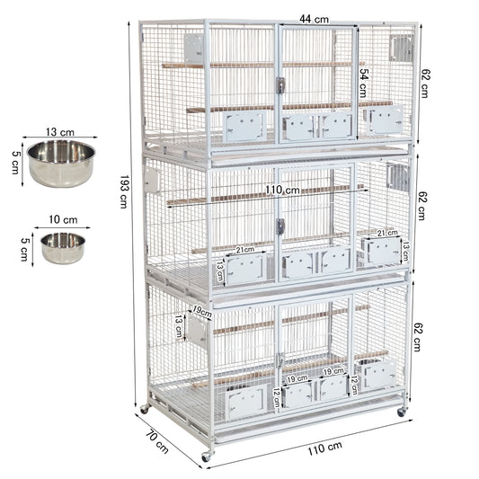 Large 3 Tier Bird Breeding Cage with Wheels, Heavy Duty Metal Parrot Cage for Macaws, Cockatiels, Lovebirds, Finches and Small Birds, Stackable Aviary with Breeding Boxes, Lockable Doors, Indoor Outdoor Bird Habitat