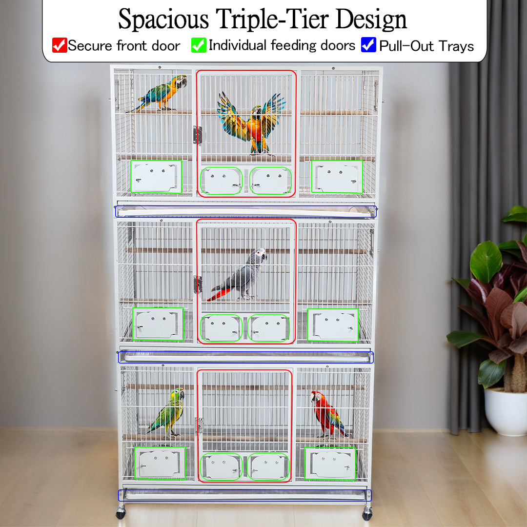 Large 3 Tier Bird Breeding Cage with Wheels, Heavy Duty Metal Parrot Cage for Macaws, Cockatiels, Lovebirds, Finches and Small Birds, Stackable Aviary with Breeding Boxes, Lockable Doors, Indoor Outdoor Bird Habitat