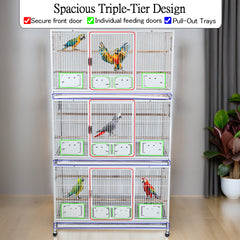 Large 3 Tier Bird Breeding Cage with Wheels, Heavy Duty Metal Parrot Cage for Macaws, Cockatiels, Lovebirds, Finches and Small Birds, Stackable Aviary with Breeding Boxes, Lockable Doors, Indoor Outdoor Bird Habitat
