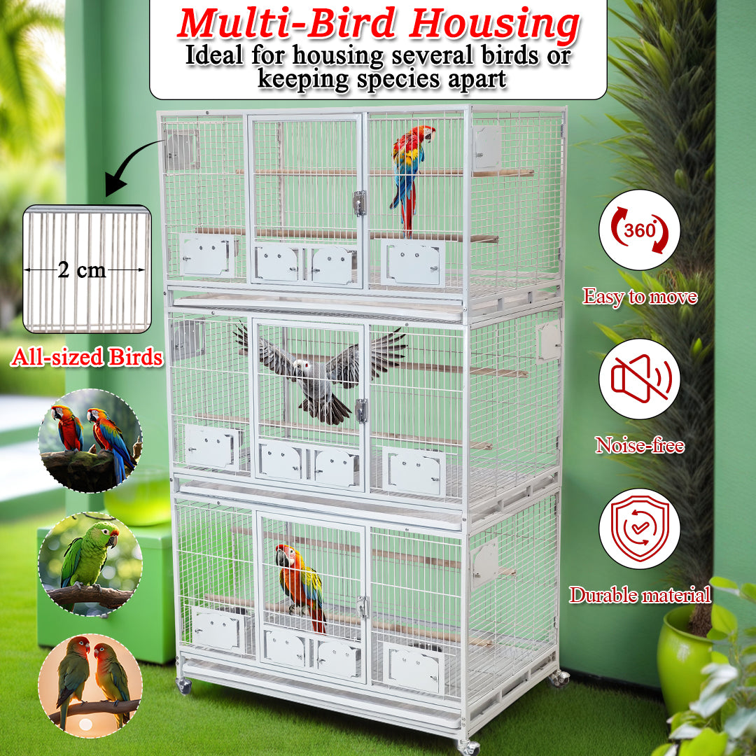 Large 3 Tier Bird Breeding Cage with Wheels, Heavy Duty Metal Parrot Cage for Macaws, Cockatiels, Lovebirds, Finches and Small Birds, Stackable Aviary with Breeding Boxes, Lockable Doors, Indoor Outdoor Bird Habitat