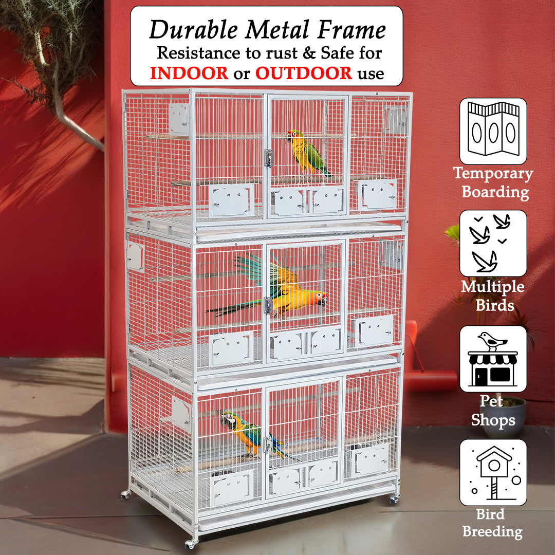 Large 3 Tier Bird Breeding Cage with Wheels, Heavy Duty Metal Parrot Cage for Macaws, Cockatiels, Lovebirds, Finches and Small Birds, Stackable Aviary with Breeding Boxes, Lockable Doors, Indoor Outdoor Bird Habitat