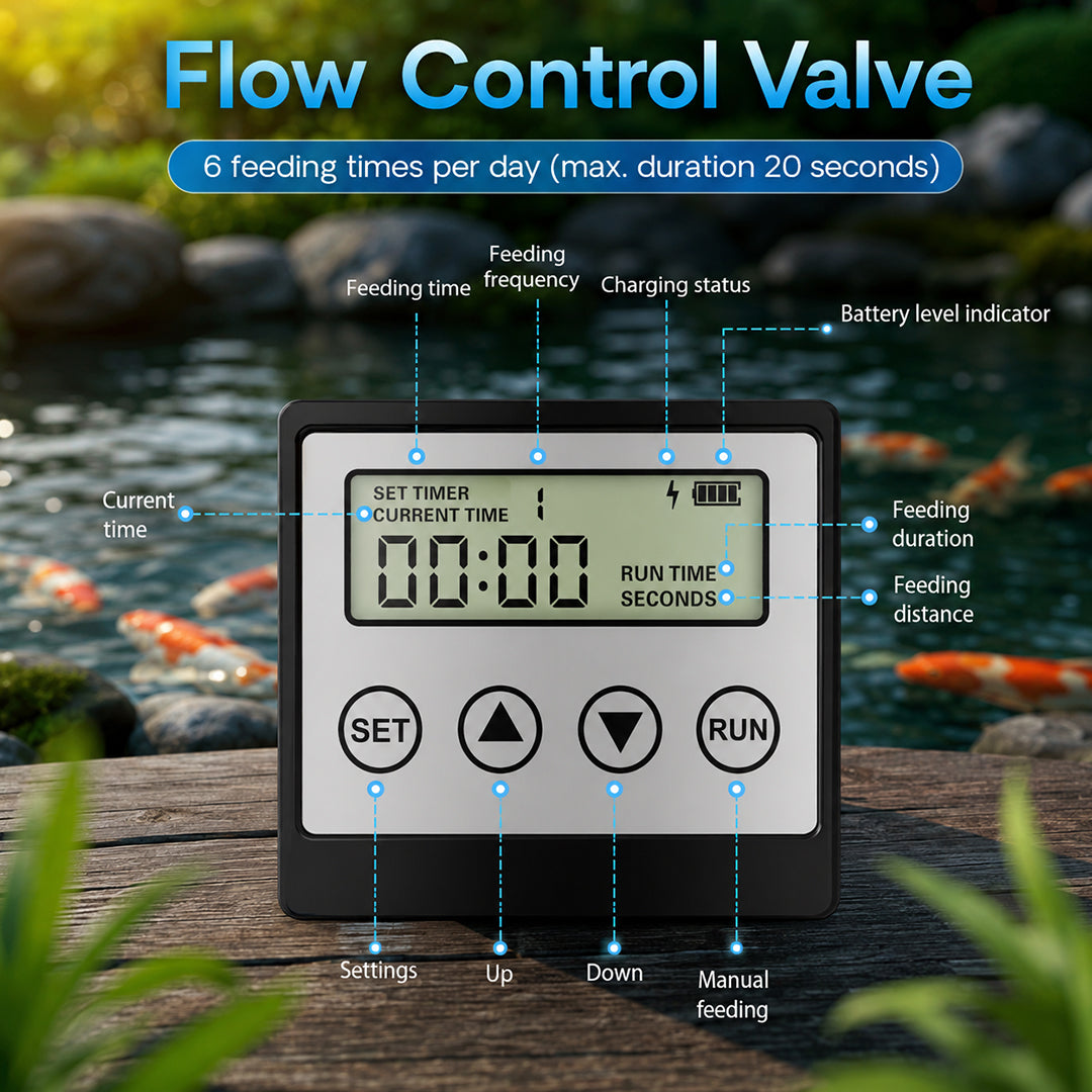 Solar Automatic Fish Feeder for Ponds CFF-206, Outdoor Fish Food Dispenser for Koi and Goldfish, Solar Powered Automatic Pond Feeding System