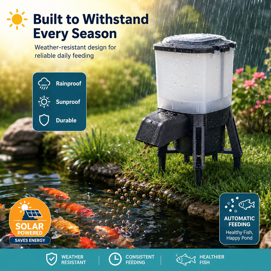 Solar Automatic Fish Feeder for Ponds CFF-206, Outdoor Fish Food Dispenser for Koi and Goldfish, Solar Powered Automatic Pond Feeding System
