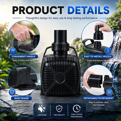 BOYU SPF-48000 Pond Pump with Convenient Handle & Nozzles, High-Flow Water Pump for Koi Ponds, Waterfalls, Fountains & Pond Filtration Systems