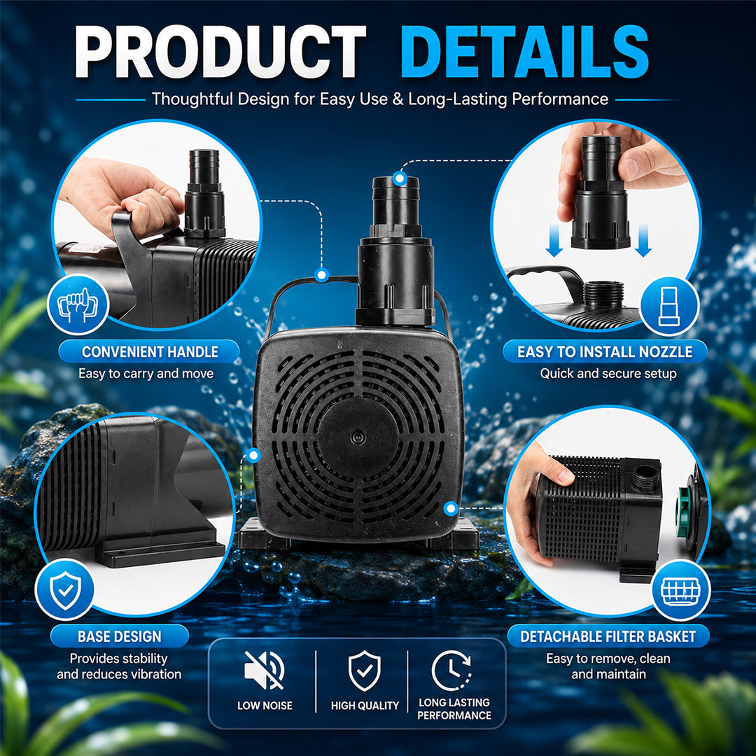 Multi-System Pond Pump with Nozzles & Convenient Handle, Submersible Water Pump for Ponds, Aquariums, Waterfalls and Fountains, High-Flow Circulation Pump (SP606)
