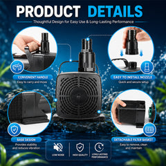 Multi-System Pond Pump with Nozzles & Convenient Handle, Submersible Water Pump for Ponds, Aquariums, Waterfalls and Fountains, High-Flow Circulation Pump (SP606)