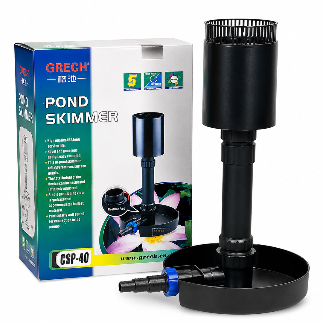 Pond Skimmer, Submersible Pond Surface Skimmer for Koi Ponds and Water Gardens, Adjustable Height, 360° Rotatable Design, Adjustable Hose Connector, Wide Stable Base for Removing Floating Debris