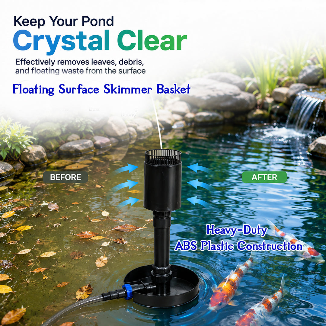 Pond Skimmer, Submersible Pond Surface Skimmer for Koi Ponds and Water Gardens, Adjustable Height, 360° Rotatable Design, Adjustable Hose Connector, Wide Stable Base for Removing Floating Debris
