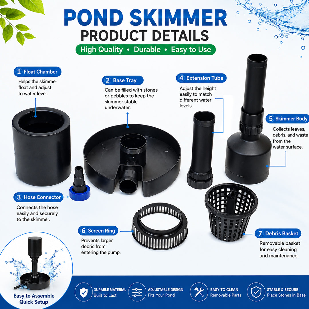 Pond Skimmer, Submersible Pond Surface Skimmer for Koi Ponds and Water Gardens, Adjustable Height, 360° Rotatable Design, Adjustable Hose Connector, Wide Stable Base for Removing Floating Debris