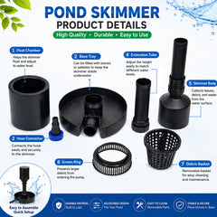 Pond Skimmer, Submersible Pond Surface Skimmer for Koi Ponds and Water Gardens, Adjustable Height, 360° Rotatable Design, Adjustable Hose Connector, Wide Stable Base for Removing Floating Debris