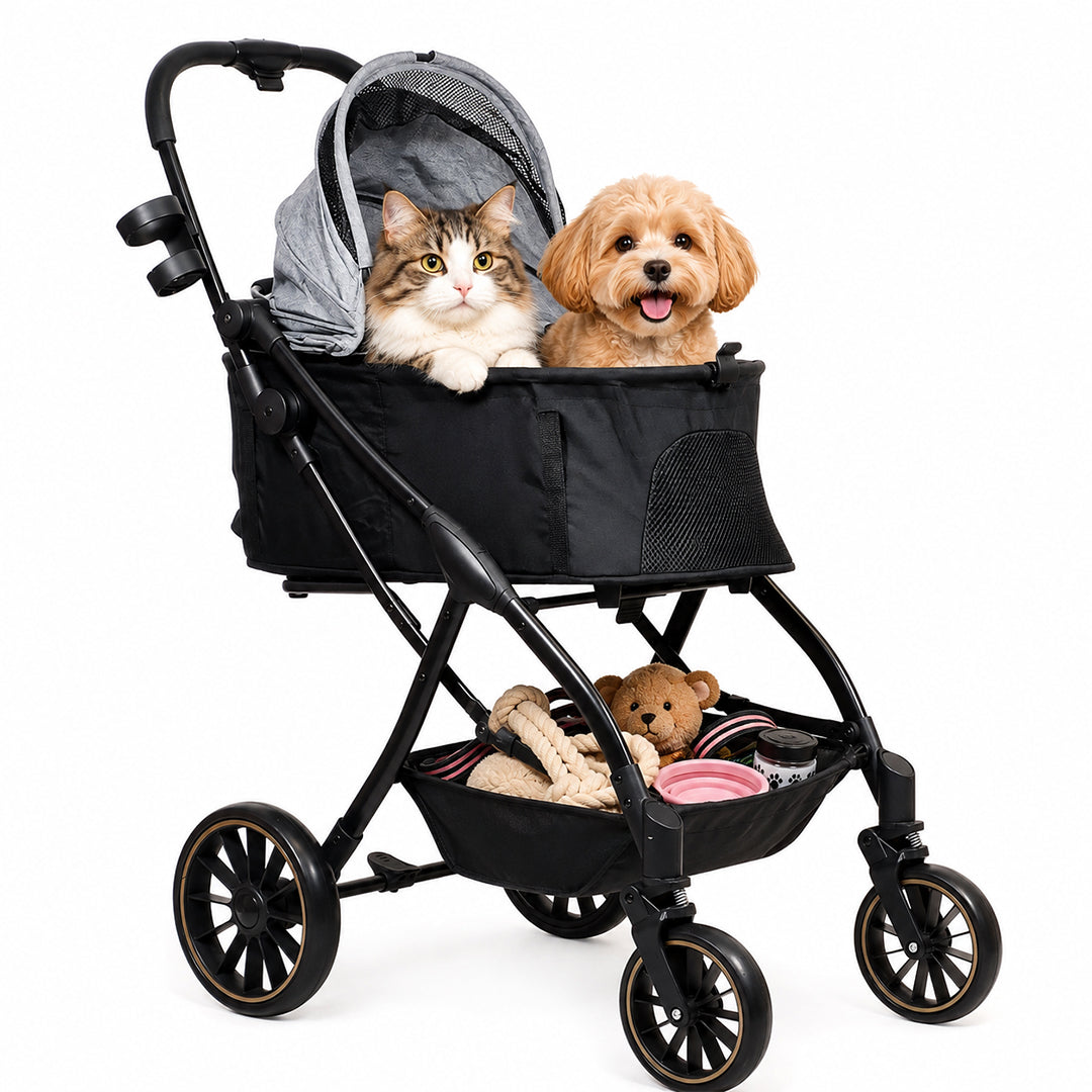 Pet Stroller for Cats, Small & Medium Dogs, Foldable 106 cm Travel Cart with Mesh Ventilation, Storage Basket, Cup Holder and 4 Wheels for Shopping & Outdoor Use, Dog stroller with Portable, (Grey)