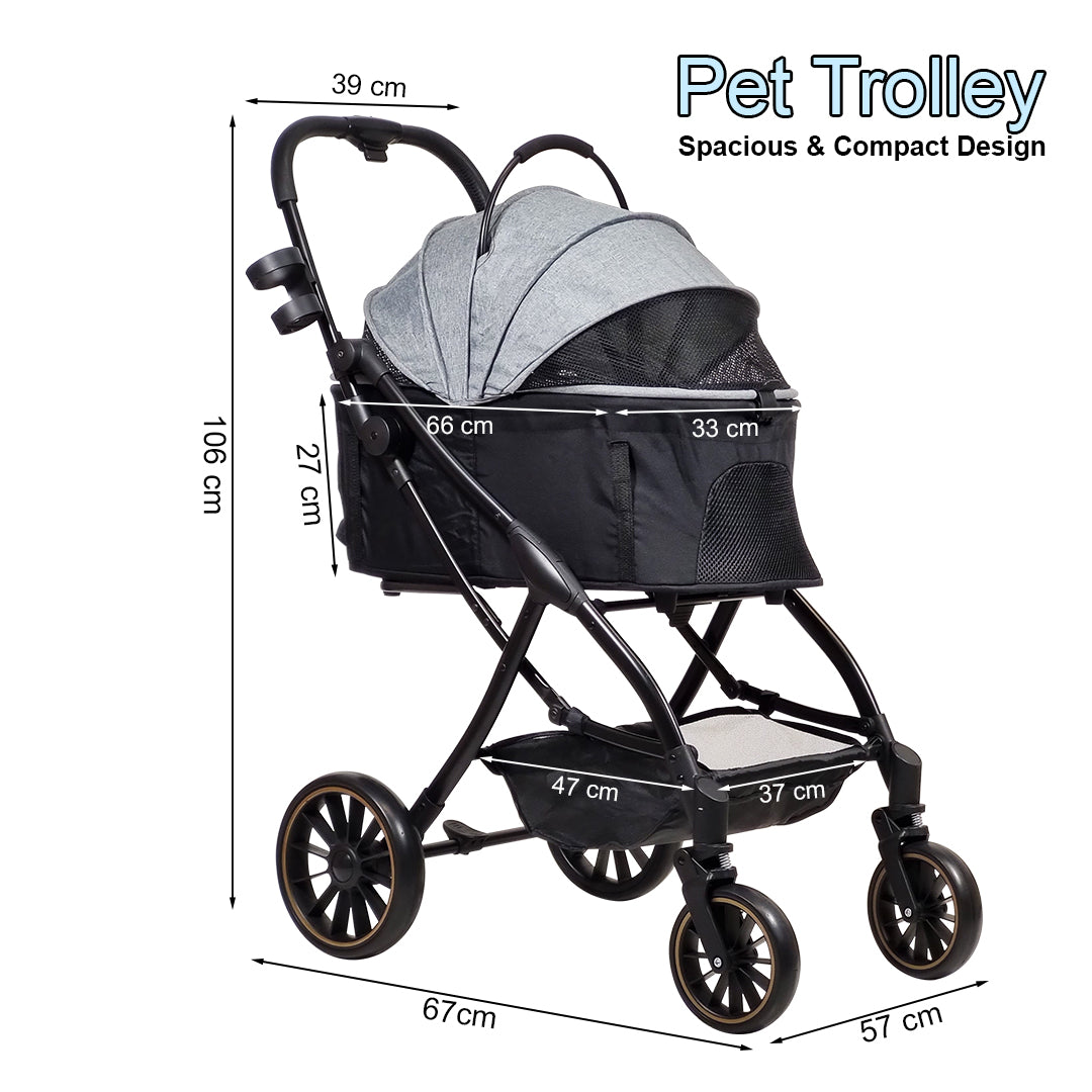 Pet Stroller for Cats, Small & Medium Dogs, Foldable 106 cm Travel Cart with Mesh Ventilation, Storage Basket, Cup Holder and 4 Wheels for Shopping & Outdoor Use, Dog stroller with Portable, (Grey)