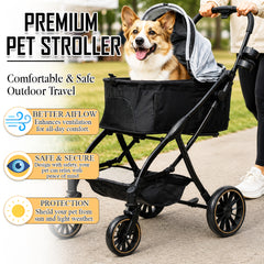 Pet Stroller for Cats, Small & Medium Dogs, Foldable 106 cm Travel Cart with Mesh Ventilation, Storage Basket, Cup Holder and 4 Wheels for Shopping & Outdoor Use, Dog stroller with Portable, (Grey)