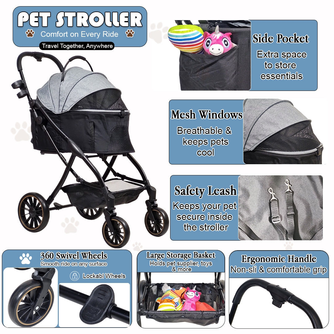Pet Stroller for Cats, Small & Medium Dogs, Foldable 106 cm Travel Cart with Mesh Ventilation, Storage Basket, Cup Holder and 4 Wheels for Shopping & Outdoor Use, Dog stroller with Portable, (Grey)