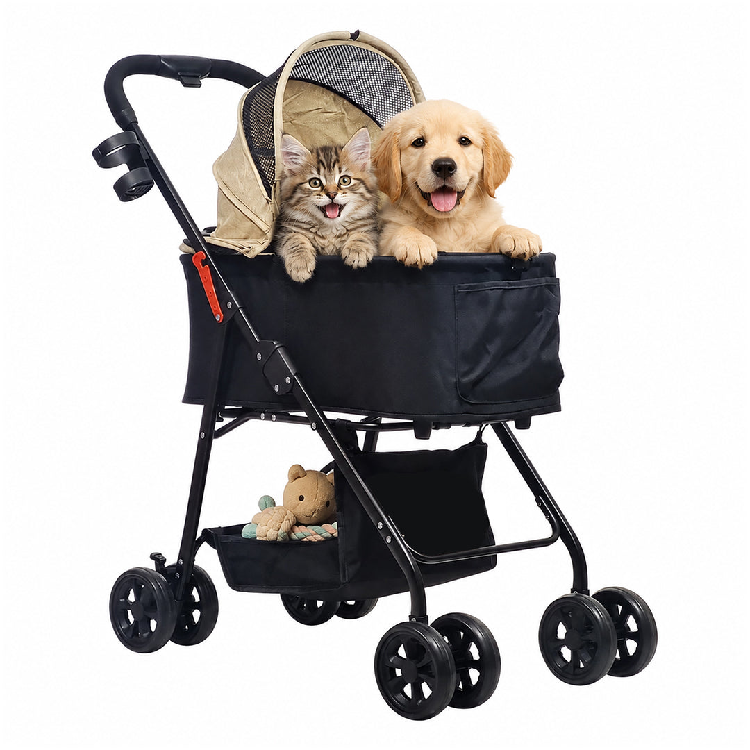 Pet Stroller for Cats, Small & Medium Dogs, Foldable 96 cm Travel Cart with Mesh Ventilation, Storage Basket, Cup Holder and 4 Wheels for Shopping & Outdoor Use, Dog stroller with Portable, (Beige)